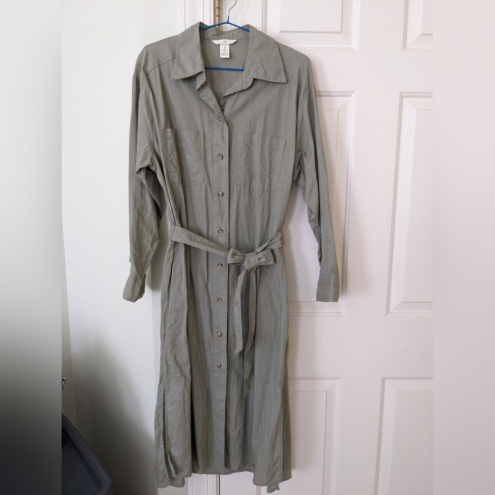 H&M green linen blend tie waist shirt dress